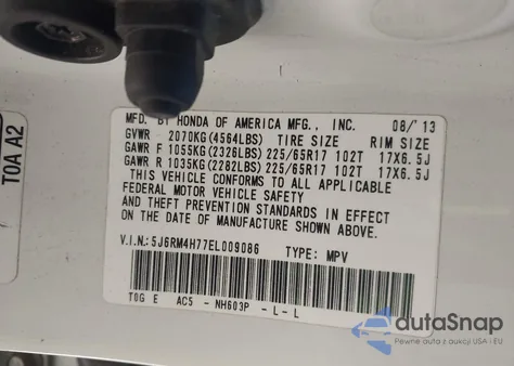 2014 Honda Cr-V Ex-L z USA, uszkodzony, nr VIN 5J6RM4H77EL009086